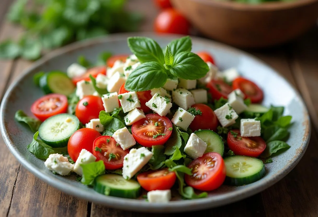Fertig zubereiteter Frischer Salat mit Tomaten, Gurken und Feta, ideal für jede Mahlzeit.