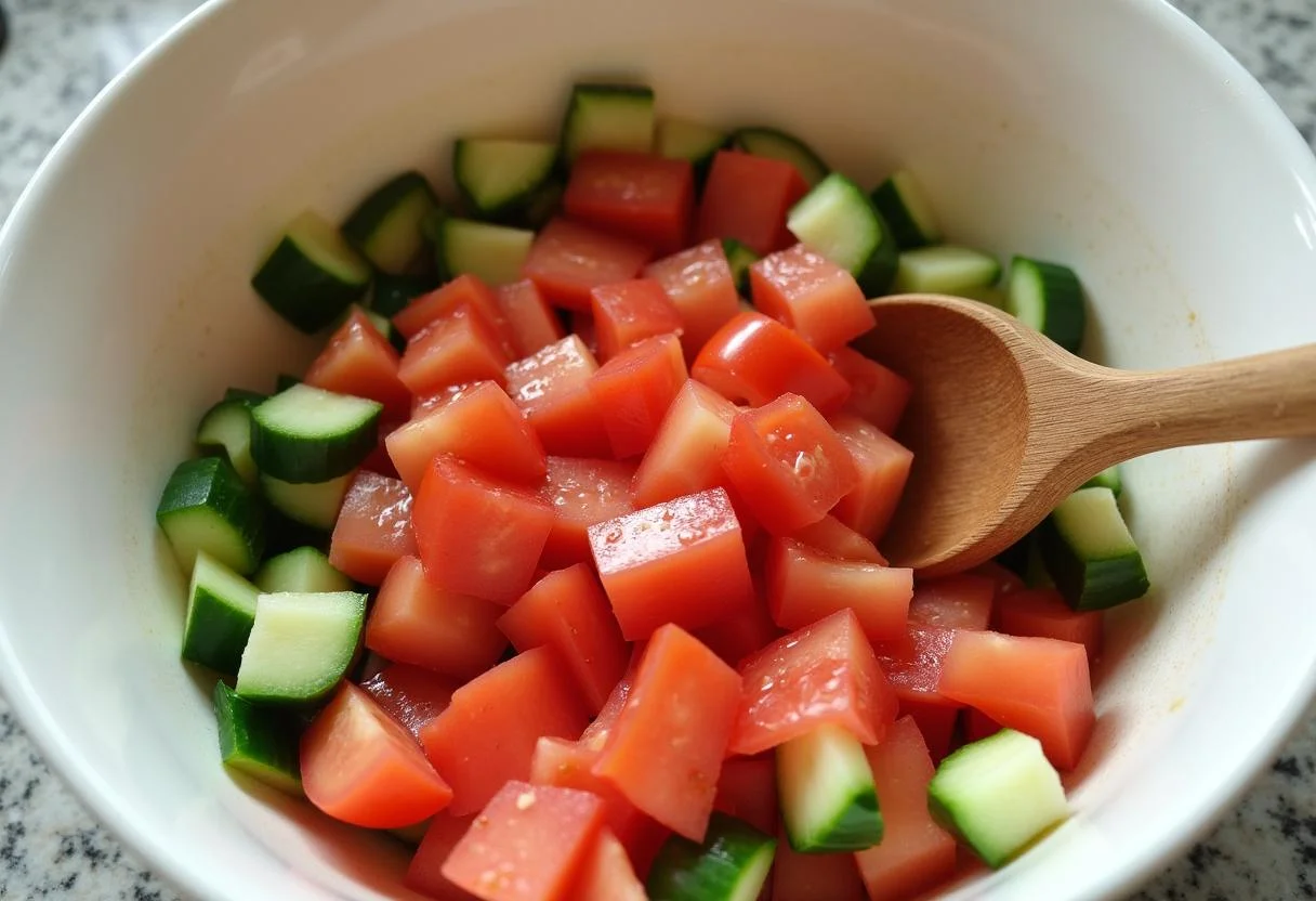 Frischer Salat mit Tomaten und Gurken in einer Schüssel für einen gesunden Feta-Salat.