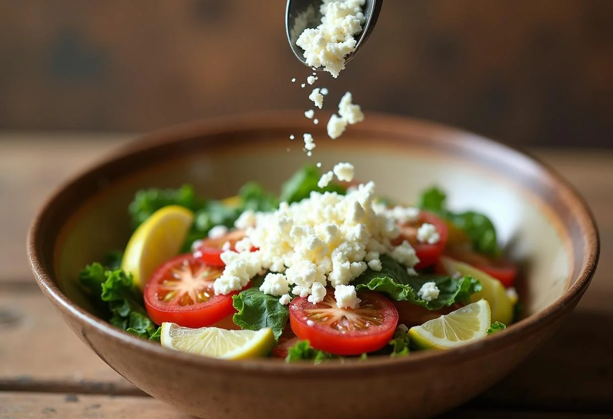 Feta-Käse wird über den Tomaten und Gurken für den Salat mit Feta gestreut.