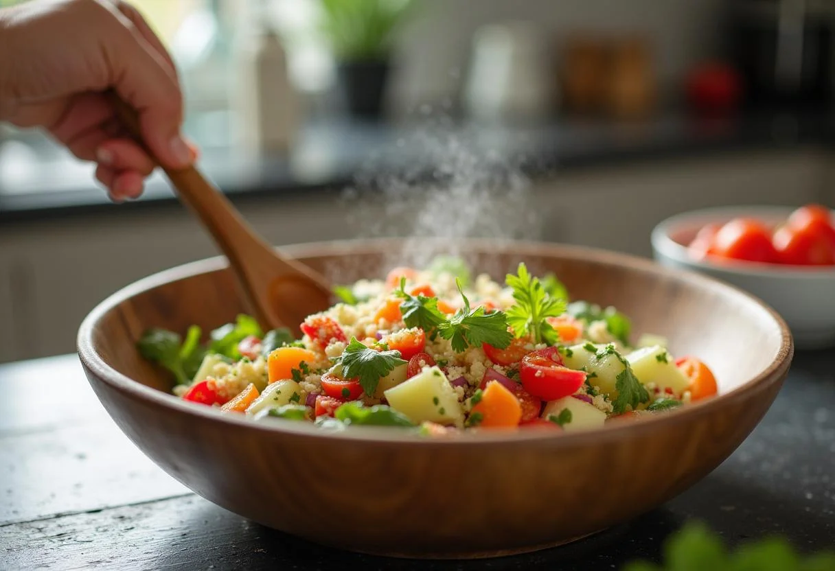 Tomaten Gurken Salat wird gemischt für einen frischen Geschmack.