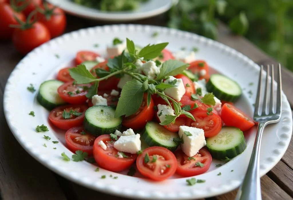 Fertiger Tomaten Gurken Salat mit Feta auf einem Tablett, ideal für den Sommer.