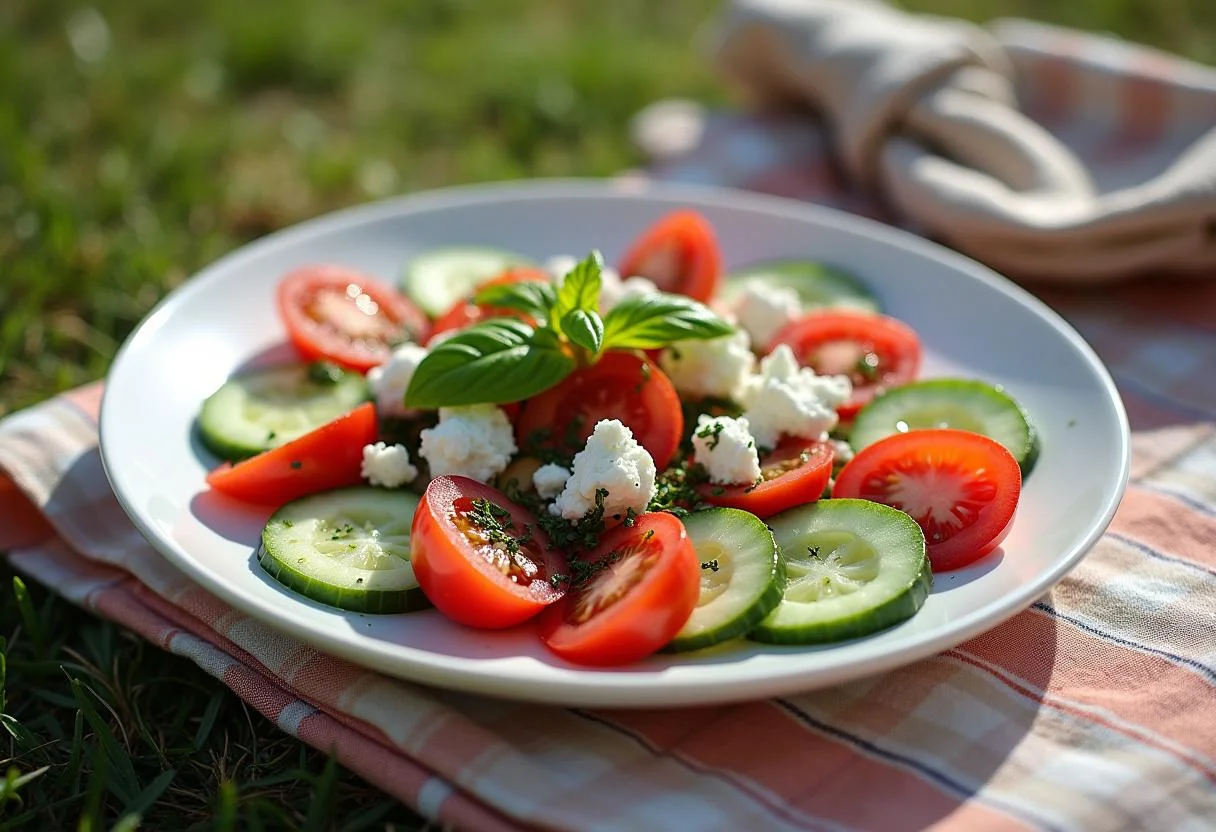Fertiger Tomaten Gurken Salat mit Feta auf einem Tablett, ideal für den Sommer.