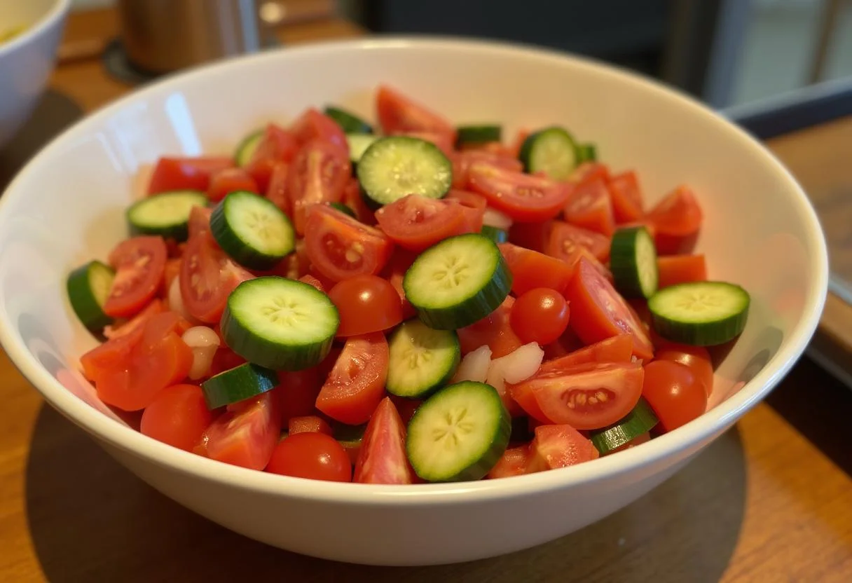 Frischer Tomaten Gurken Salat mit Feta in einer großen Schüssel auf einem Holztisch.