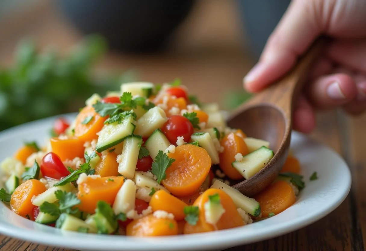 Mischen der Zutaten im Tomaten Gurken Salat für ein erfrischendes Sommergericht.