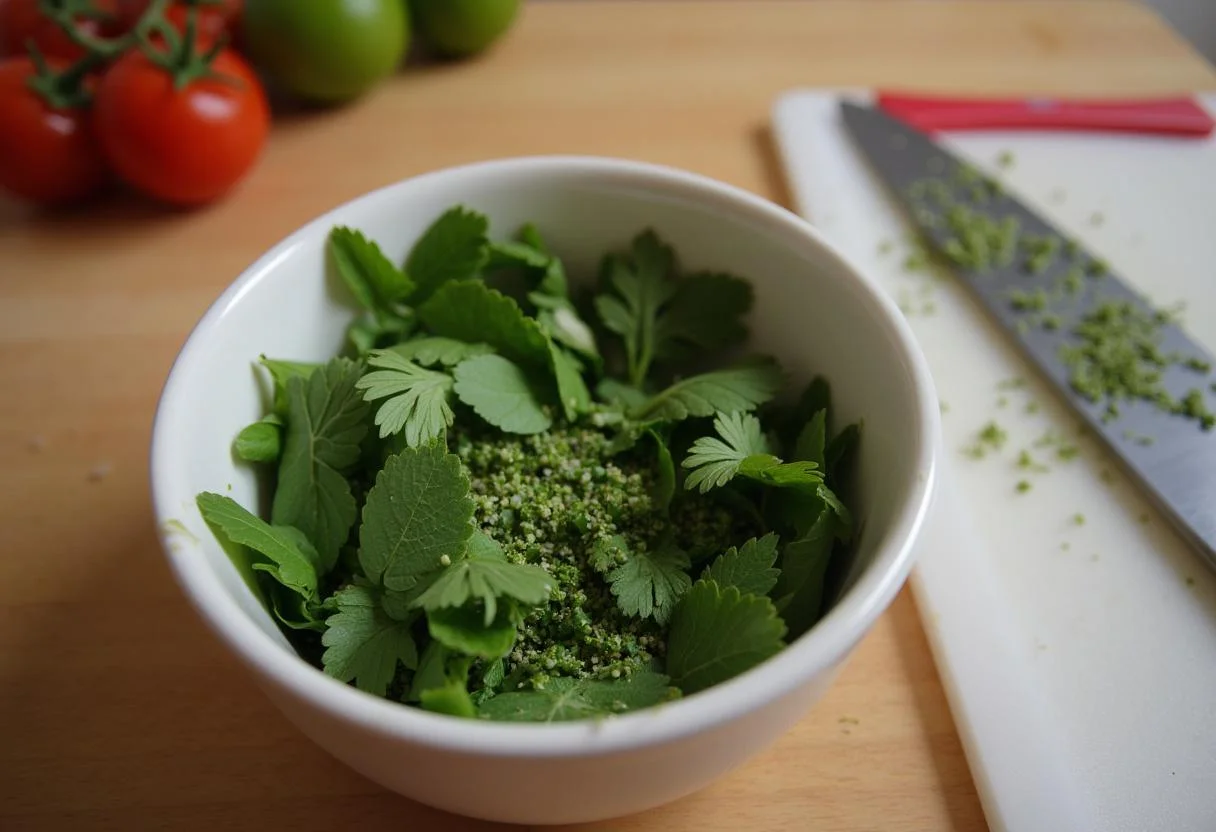 Frische Kräuter für den Tomaten Gurken Salat zubereiten zur Garnierung.