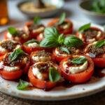 Servierte gebackene Feta mit Tomaten, perfekt für ein köstliches und gesundes Abendessen.