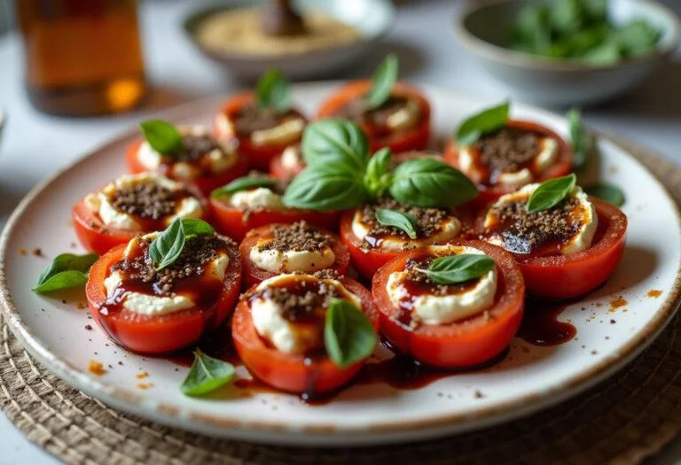 Servierte gebackene Feta mit Tomaten, perfekt für ein köstliches und gesundes Abendessen.