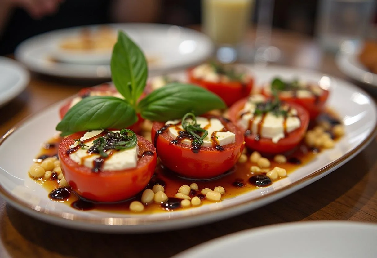 Servierte gebackene Feta mit Tomaten, perfekt für ein köstliches und gesundes Abendessen.