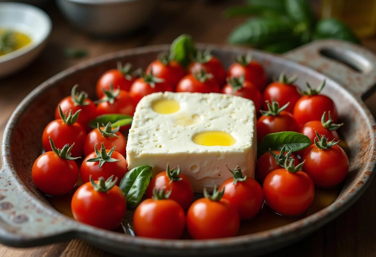 Feta und Tomaten in einer Auflaufform, bereit für das Ofenrezept.