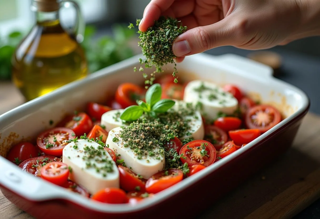 Kräuter werden über Feta und Tomaten für den gebackenen Feta aus dem Ofen gestreut.