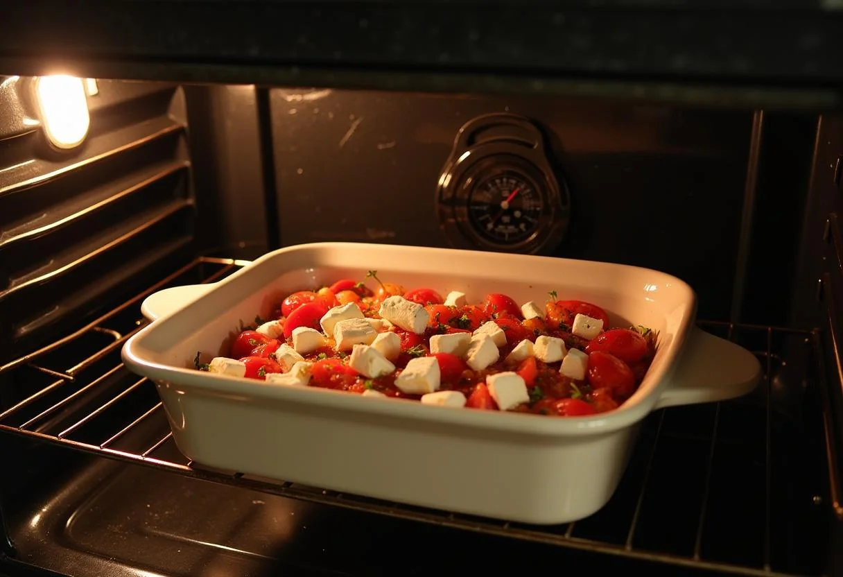 Auflaufform mit Feta und Tomaten wird in den Ofen geschoben, um gebacken zu werden.