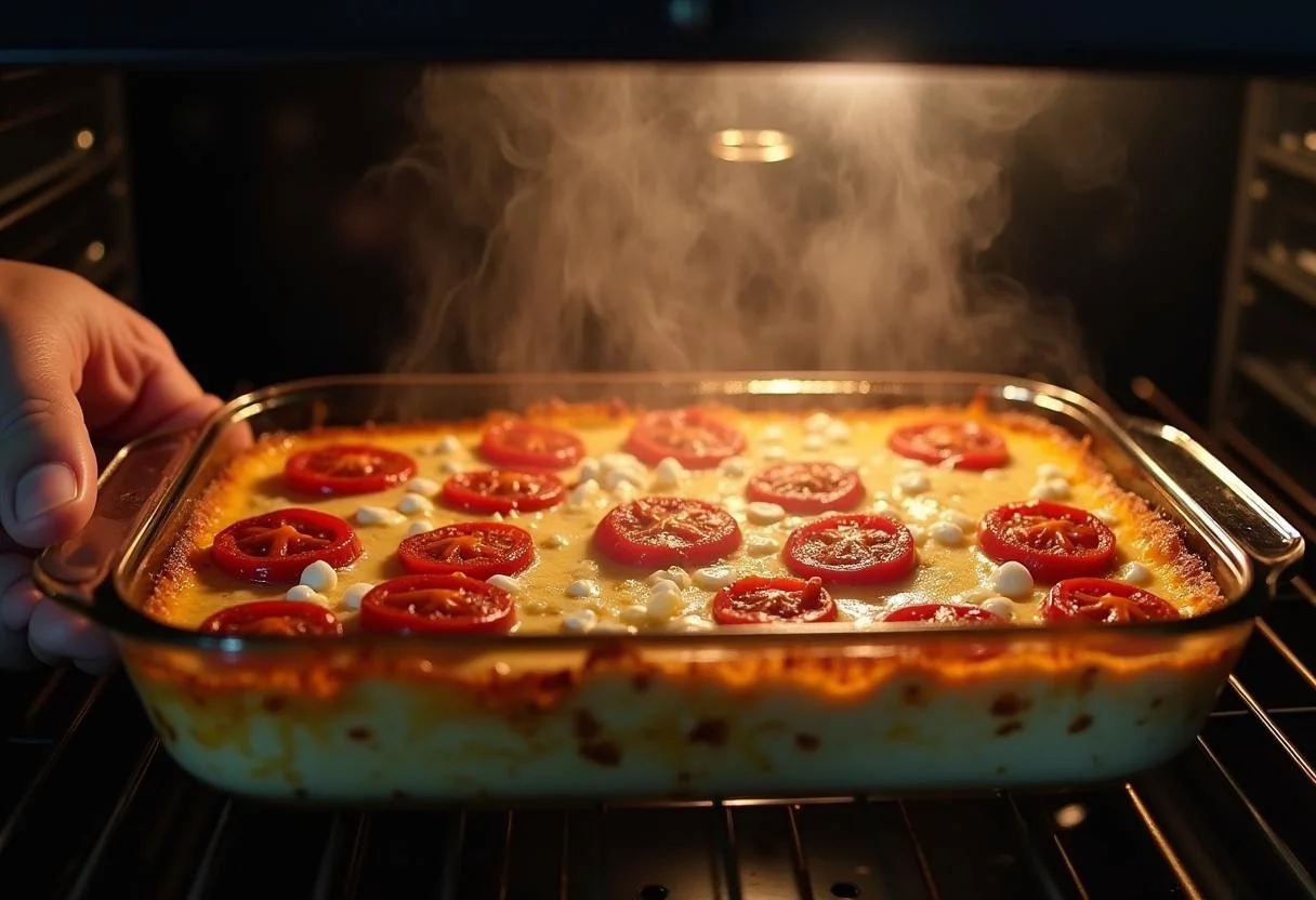 Bebackener Feta mit gerösteten Tomaten, frisch aus dem Ofen, für ein köstliches Gericht.