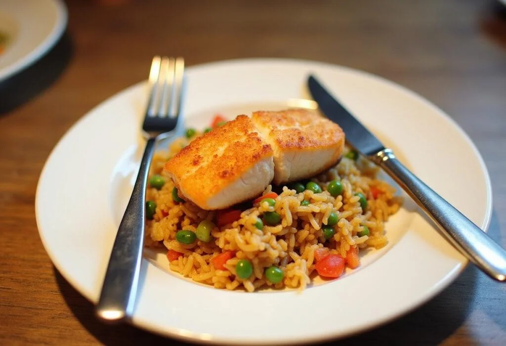 Fertiges Gericht von gebratenem Lachs auf Reis, ideal für ein köstliches Abendessen.
