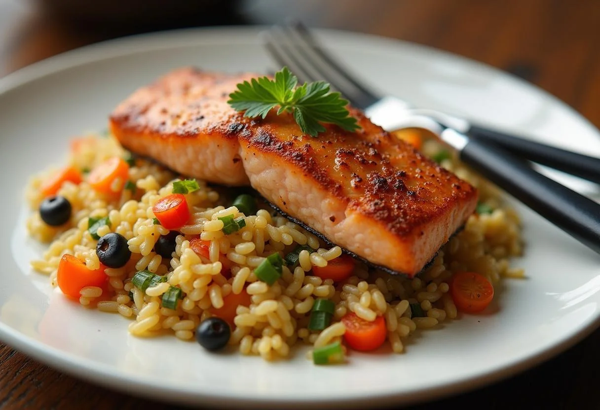 Fertiges Gericht von gebratenem Lachs auf Reis, ideal für ein köstliches Abendessen.