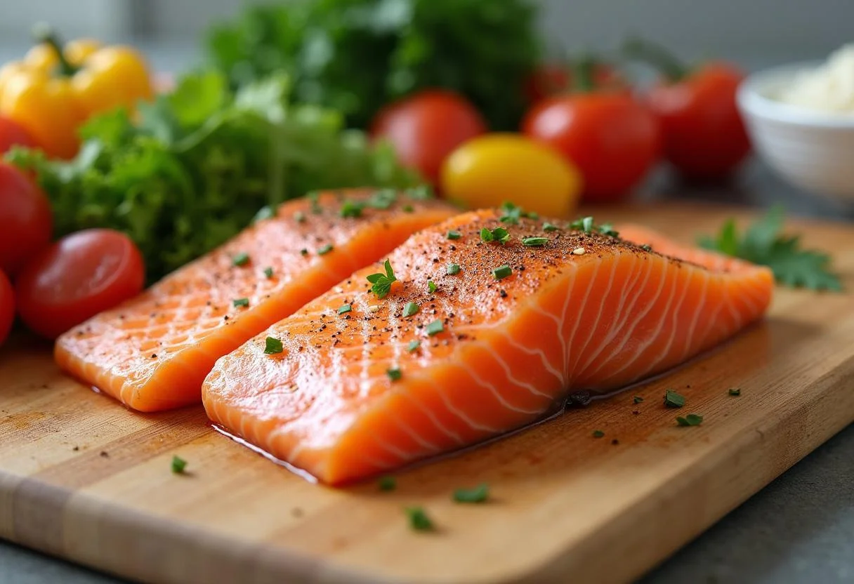 Zubereitung von Lachs mit Reis, frische Lachsfilets und Gemüse auf einem Schneidebrett.
