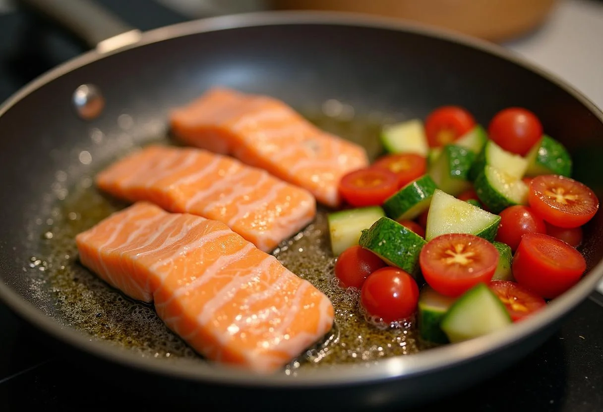 Lachsfilets in einer Pfanne braten, ideal für die Lachs mit Reis Zubereitung.