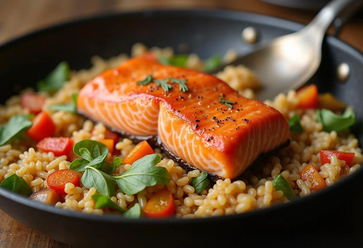 Gemüse und Reis in der Pfanne vereint, ideal für Lachs auf Reis Gericht.