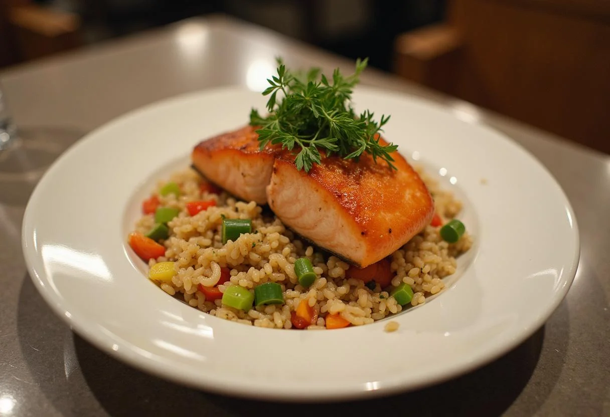 Gekochter Lachs auf Reis, schön angerichtet mit Gemüse und frischen Kräutern.