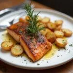 Fertig servierter Gebratener Lachs mit Rosmarin Kartoffeln auf einem festlich gedeckten Tisch.
