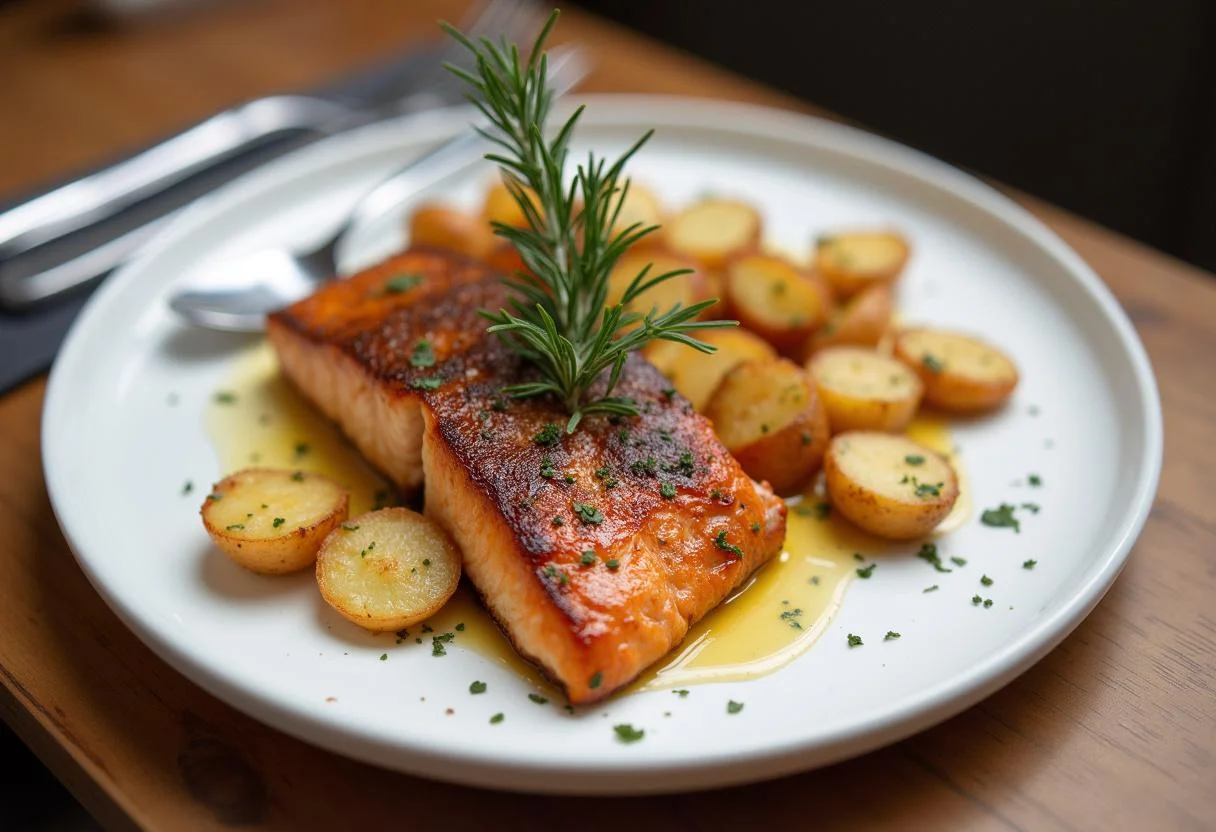 Fertig servierter Gebratener Lachs mit Rosmarin Kartoffeln auf einem festlich gedeckten Tisch.
