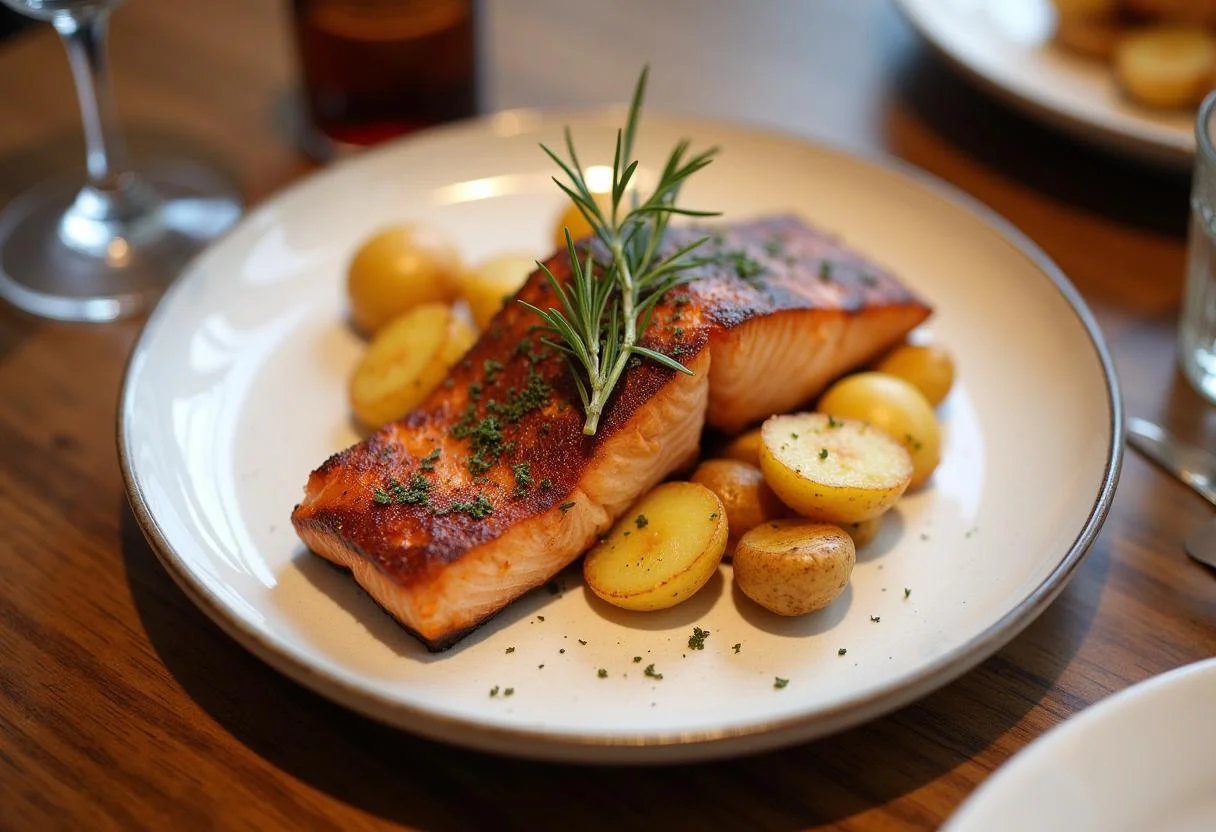 Fertig servierter Gebratener Lachs mit Rosmarin Kartoffeln auf einem festlich gedeckten Tisch.