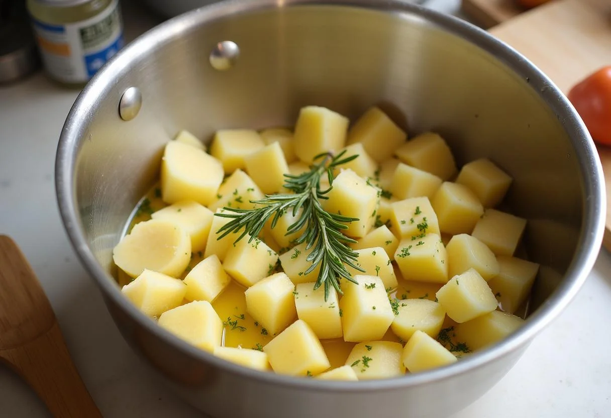 Kartoffelwürfel mit Olivenöl und Rosmarin für den Gebratenen Lachs mit Rosmarin Kartoffeln vermischt.