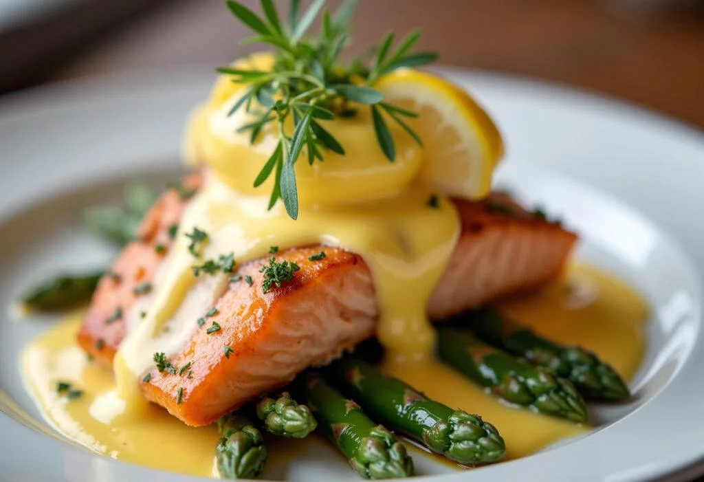 Serviertes Gericht von gebratenem Spargel mit Lachs und Hollandaise, ideal für ein elegantes Abendessen.