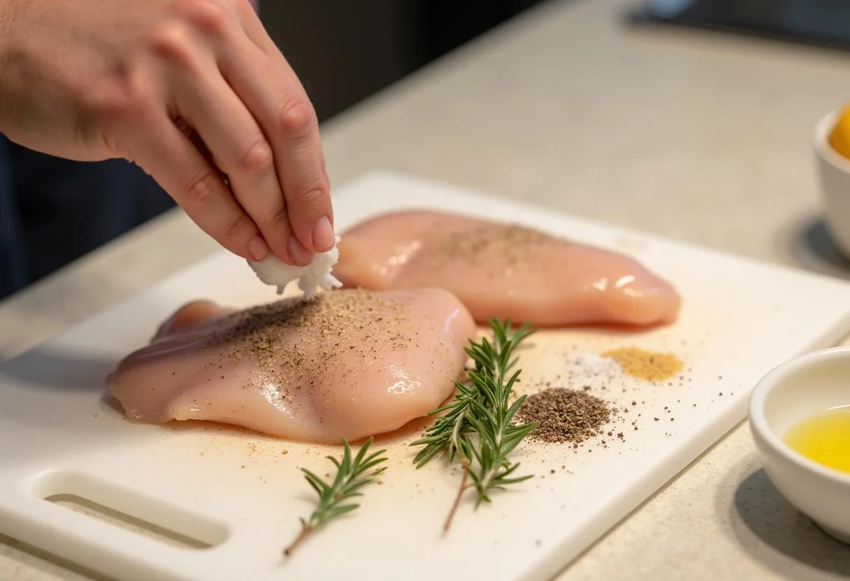Gebratenes Hähnchen, gewürzt mit Rosmarin und Gewürzen für Hähnchen mit Kartoffeln.
