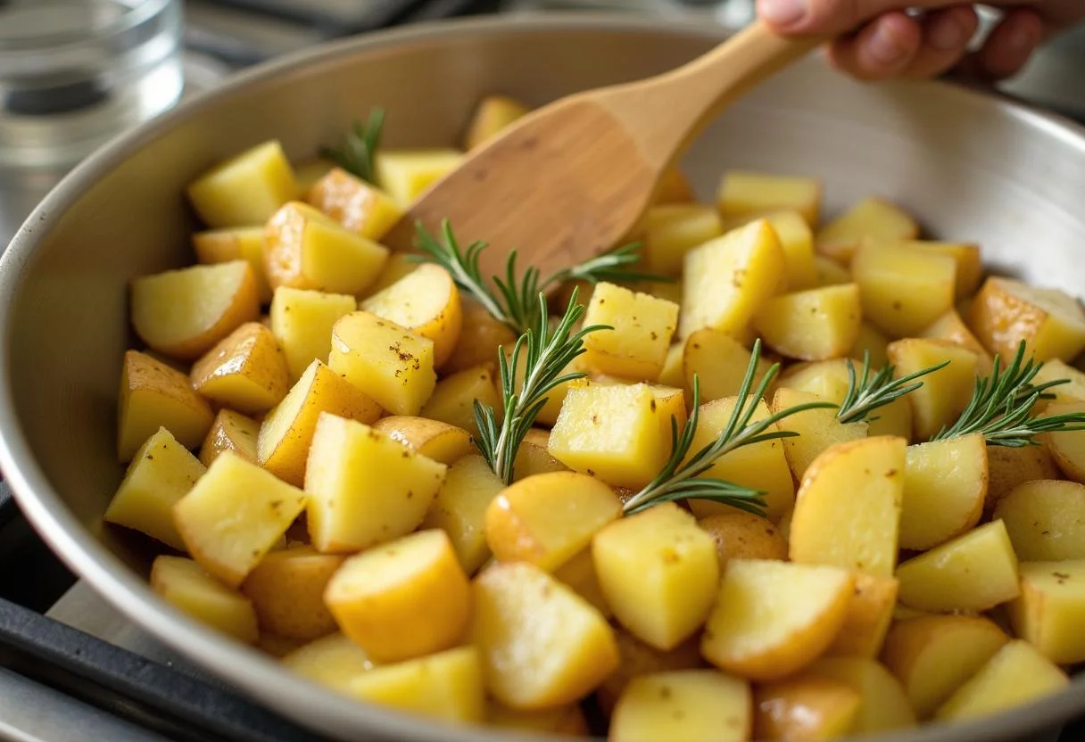Gewürfelte Kartoffeln, gemischt mit Olivenöl und Knoblauch, zum Braten mit Hähnchen auf Kartoffeln.