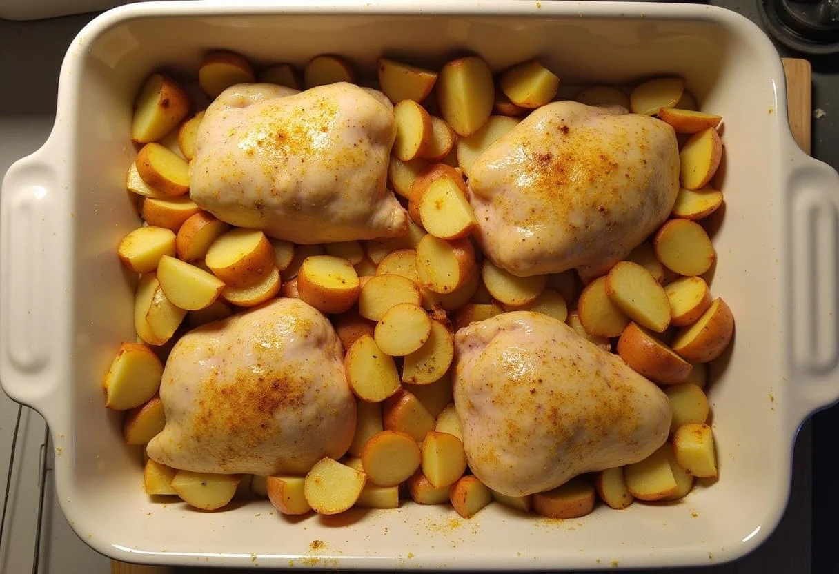 Backform mit gewürztem Hähnchen und Rosmarinkartoffeln für Hähnchen mit Kartoffeln.