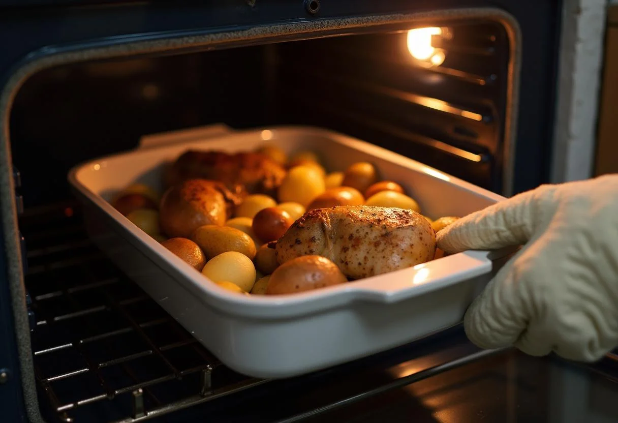 Backform mit Hähnchen und Kartoffeln, die zum Kochen in den Ofen geschoben werden.