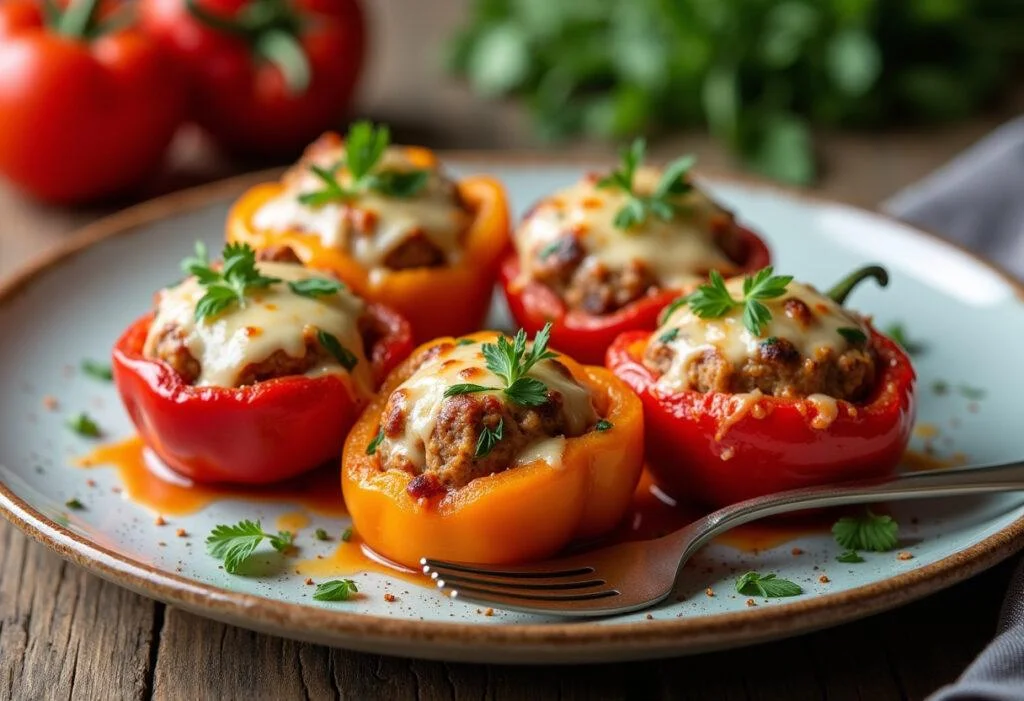 Fertige gefüllte Paprika vegetarisch, servierbereit mit geschmolzenem Käse und frischen Kräutern.