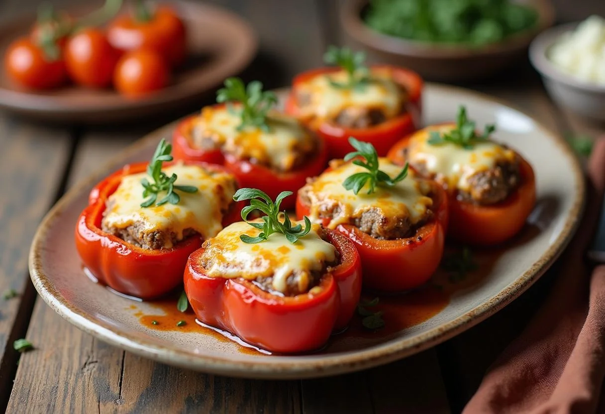 Fertige gefüllte Paprika vegetarisch, servierbereit mit geschmolzenem Käse und frischen Kräutern.