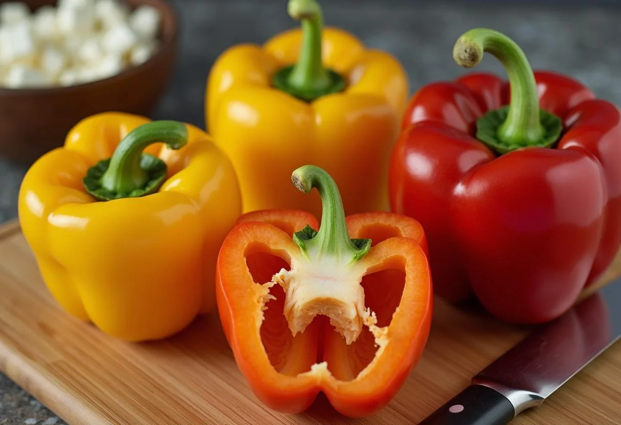 Paprika gefüllt mit Feta auf einem Schneidebrett vorbereitet für das Rezept gefüllte Paprika vegetarisch.