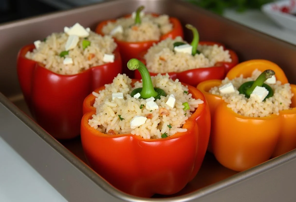 Reis und Feta Mischung wird in die Paprika gefüllt für das gefüllte Paprika Rezept.