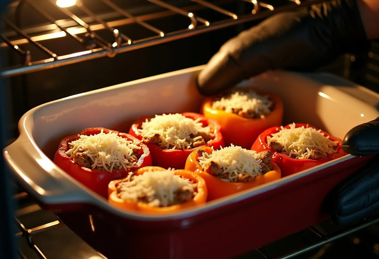 Gefüllte Paprika im Backofen, bereit zum Backen nach dem vegetarischen Rezept.