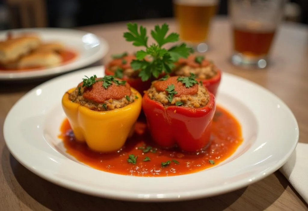 Finished gefüllte paprika mit hackfleisch und reis served on a plate, showcasing a delicious stuffed meal.