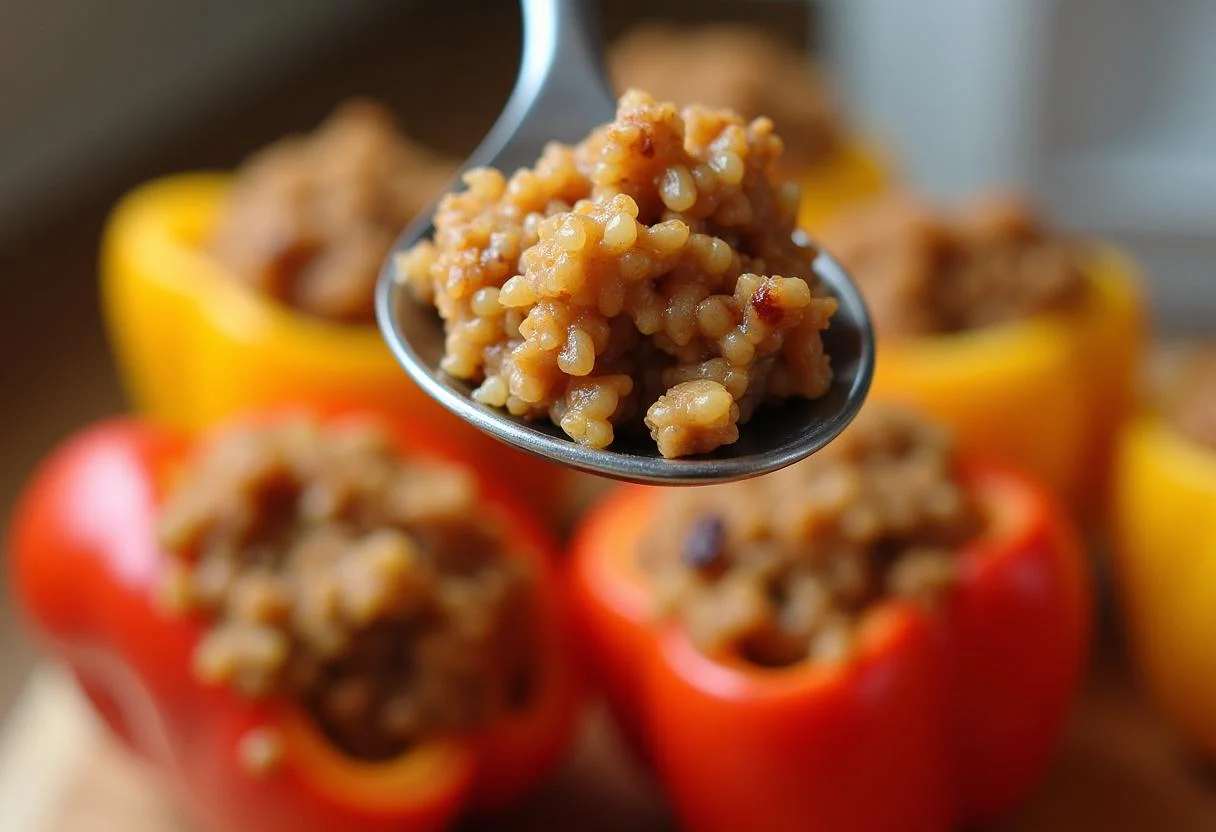 Halbierte Paprika werden mit Hackfleisch und Reis gefüllt für das Gericht gefüllte Paprika Hackfleisch und Reis.