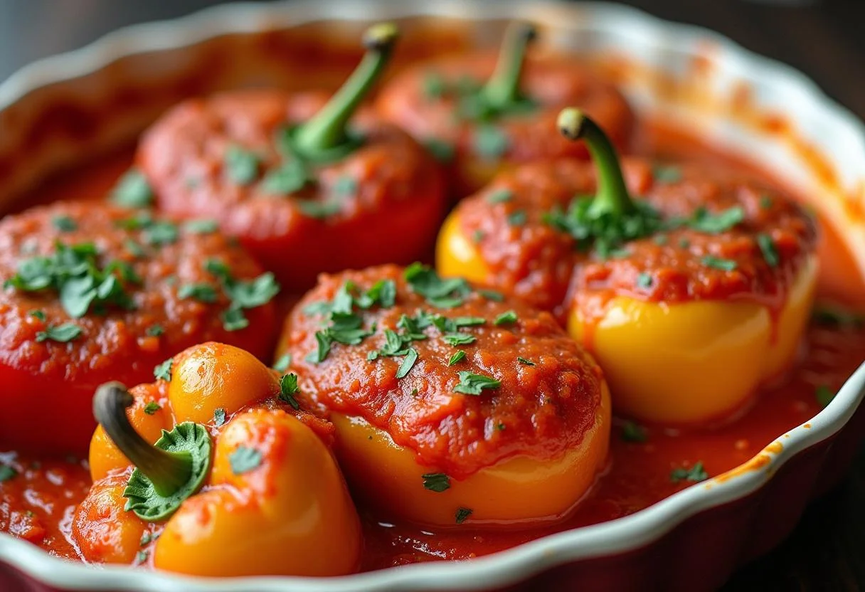 Gefüllte Paprika, bereit zum Backen mit Tomatensauce für gefüllte Paprika mit Hackfleisch und Reis.
