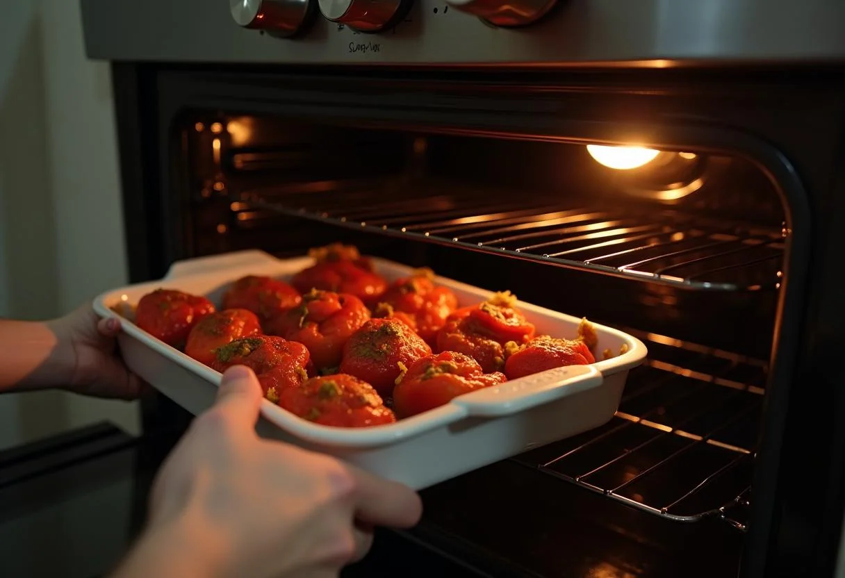 Gefüllte Paprika werden in den Ofen geschoben zum Backen im Rezept rezept gefüllte paprika mit hackfleisch und reis.