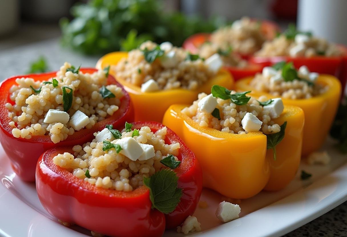 Frische Paprika vorbereitet für gefüllte Paprika mit Feta und Couscous.