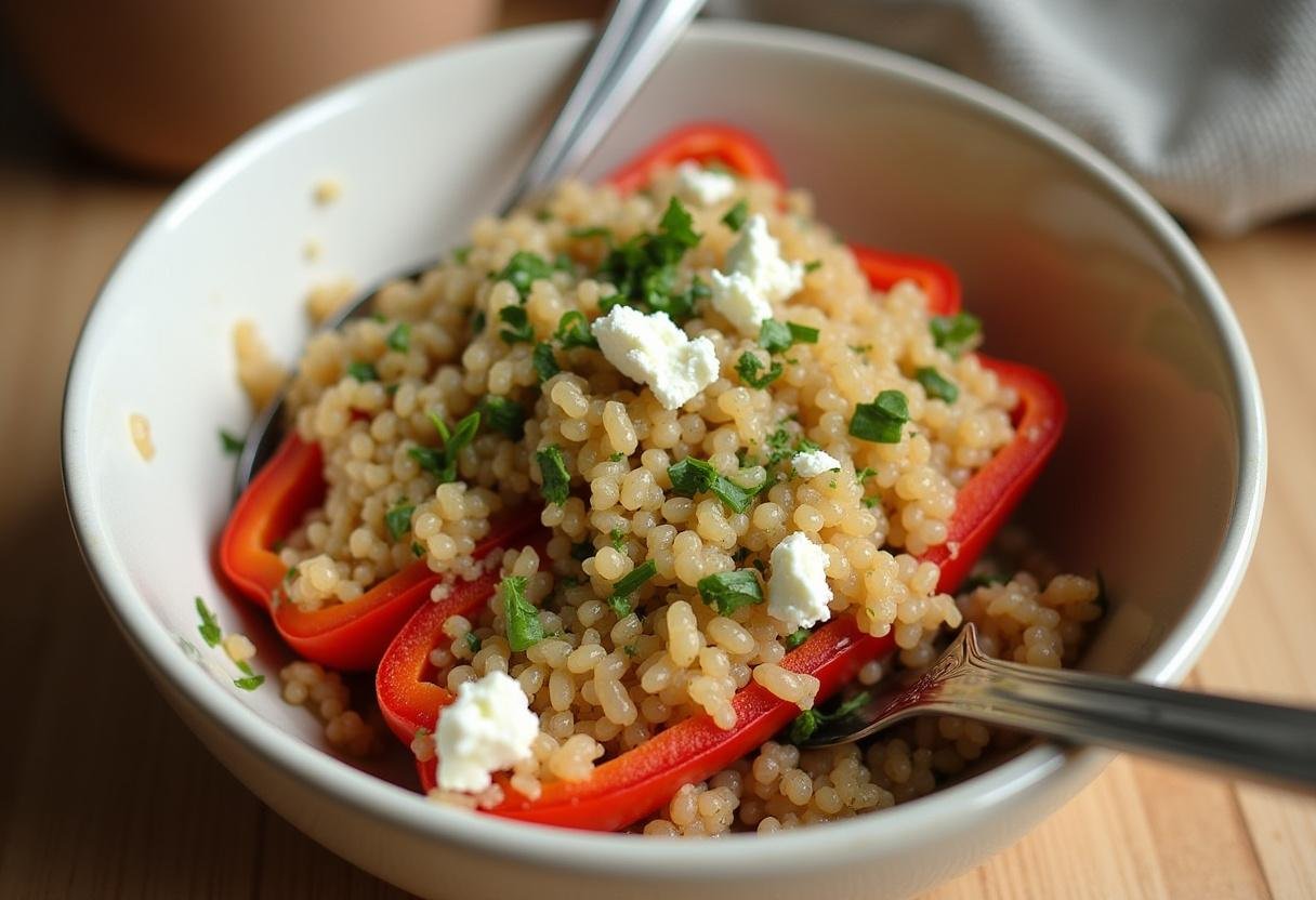 Mischung aus Couscous und Feta für die gefüllte Paprika mit Feta.