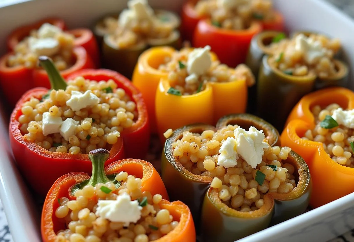 Schöne gefüllte Paprika mit Couscous und Feta in einer Auflaufform.