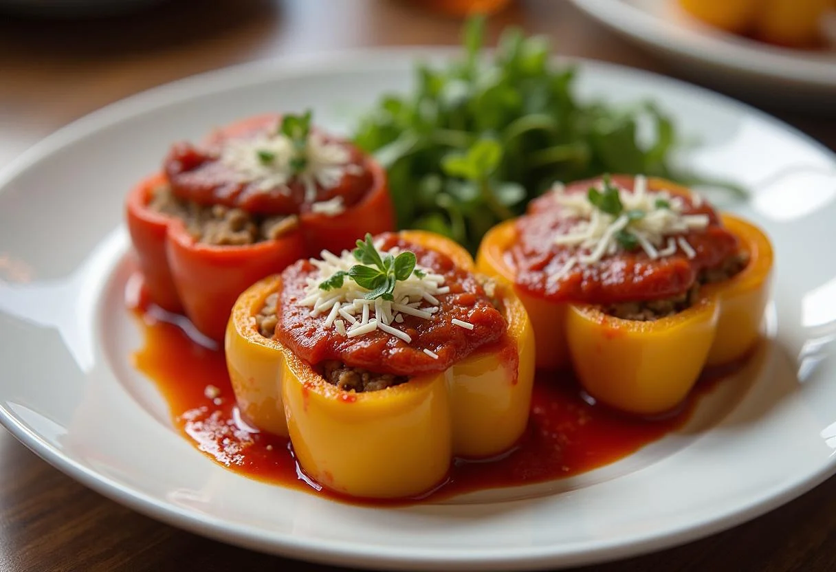 Fertig gefüllte Paprika mit reis, ein köstliches vegetarisches Gericht zum Servieren.