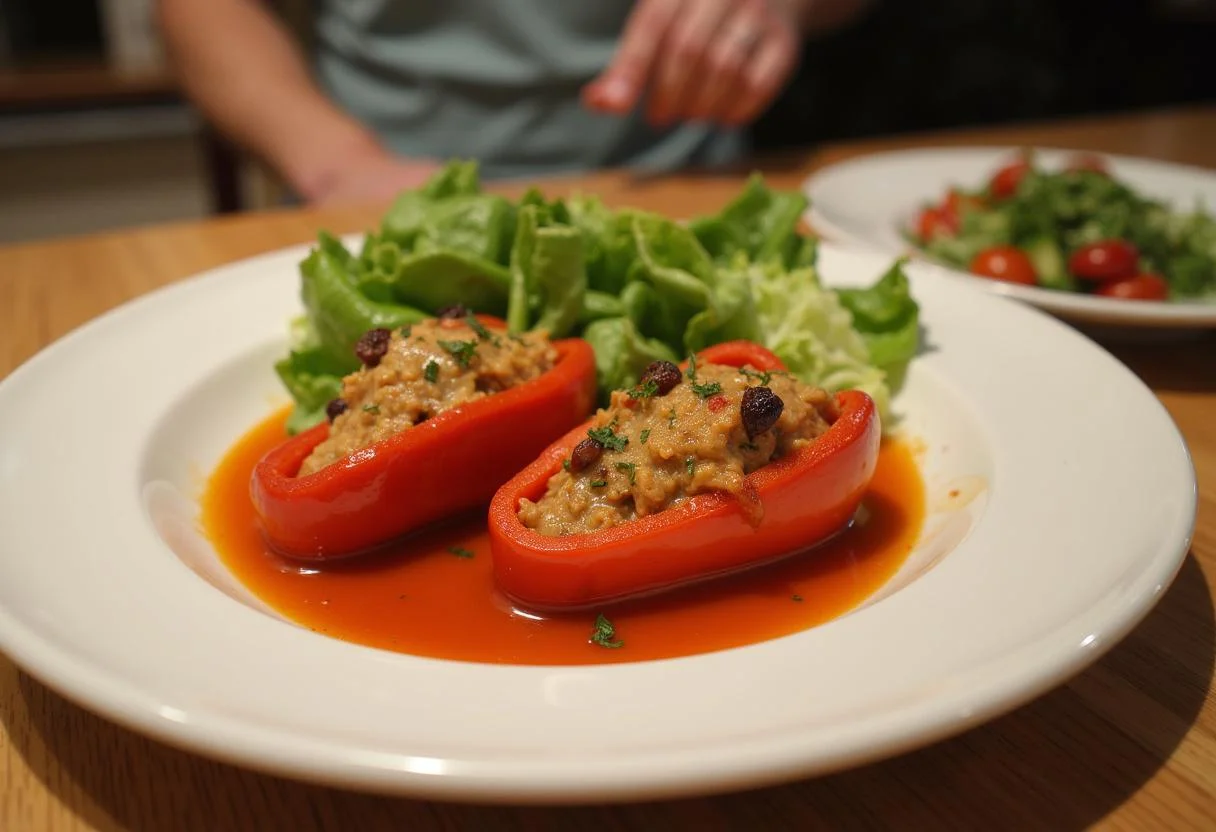 Fertig gefüllte Paprika mit reis, ein köstliches vegetarisches Gericht zum Servieren.