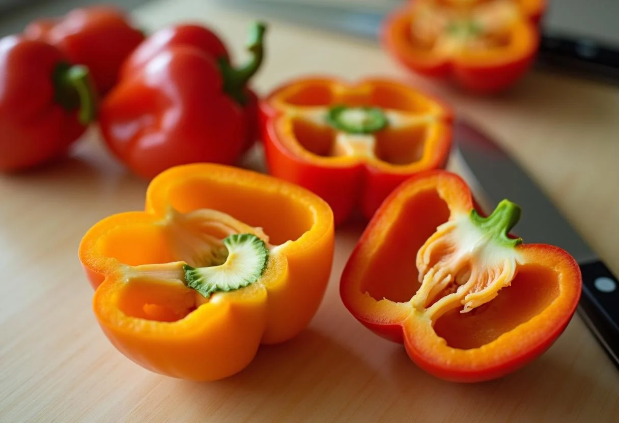 Paprika mit reis gefüllt Vorbereitung mit geschnittenen Paprika auf einem Schneidebrett.