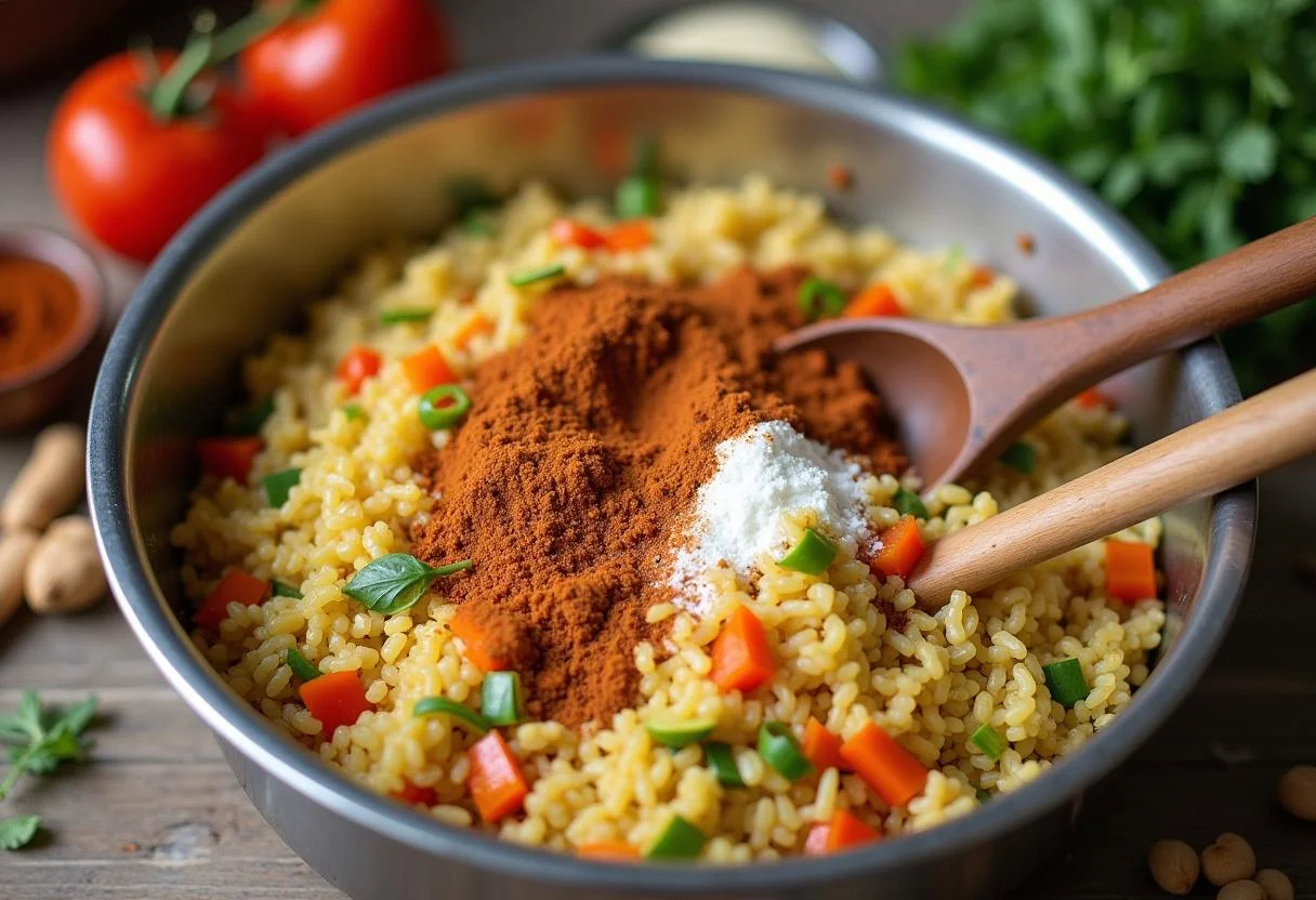 Gemisch von Reis und Gemüse für gefüllte Paprika mit reis gefüllt.