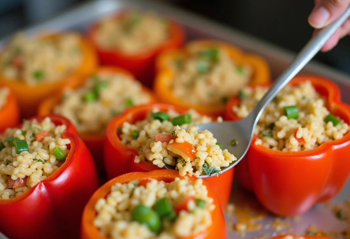 Paprika mit reis gefüllt, die mit Reis und Gemüse gefüllt werden für leckeres Gericht.