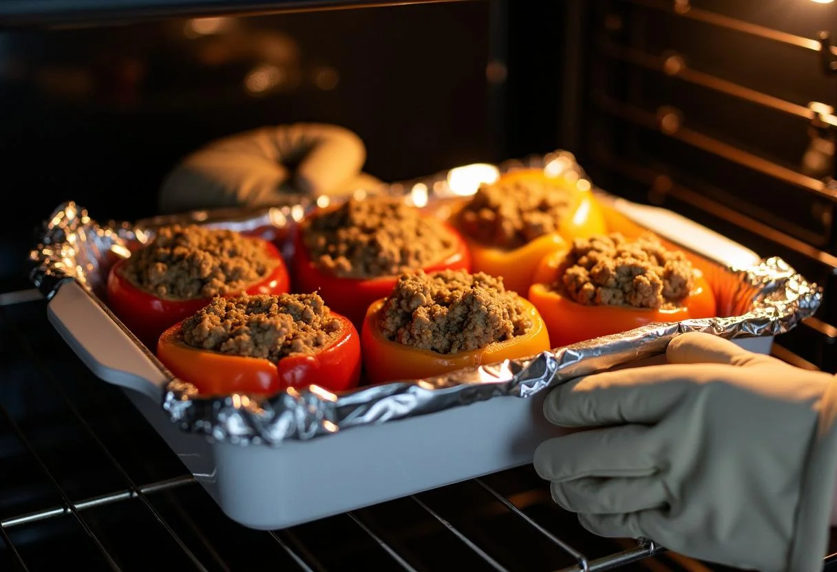 Gefüllte Paprika, bereit zum Backen im Ofen für paprika mit hackfleisch und reis gefüllt.