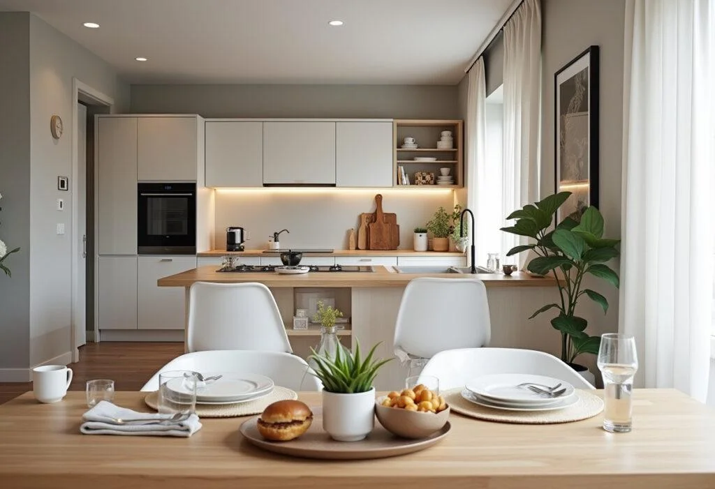 Fertige gemütliche Küche aus Holz Design mit harmonischen Holzelementen für eine einladende Atmosphäre.
